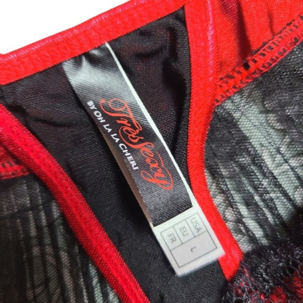 Oh La La Cheri Tres Sexy Red Black Satin Womens Panties‎ L Thong Lace Ruffles - Picture 4 of 5